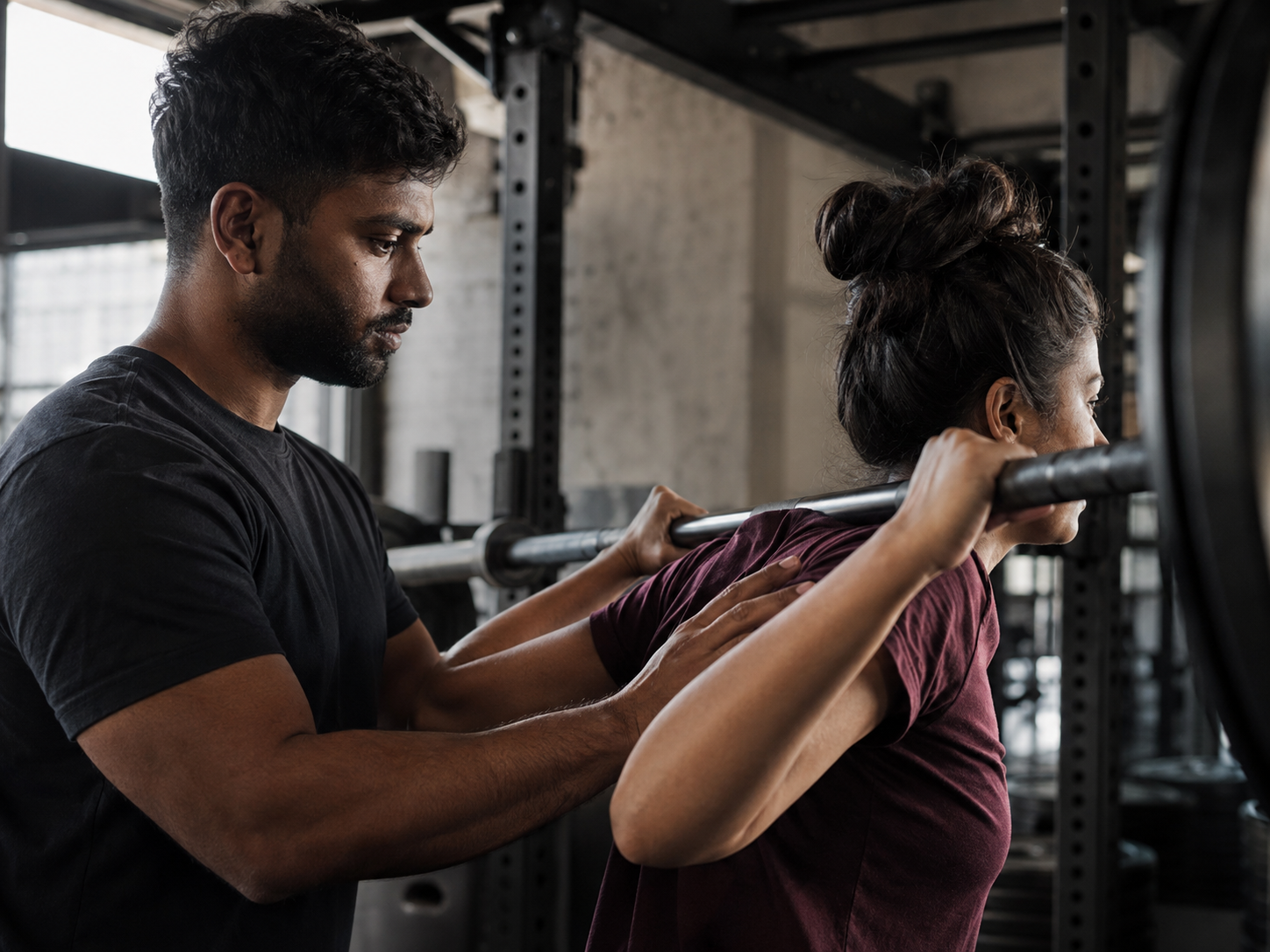 Arjun coaching a client's barbell squat